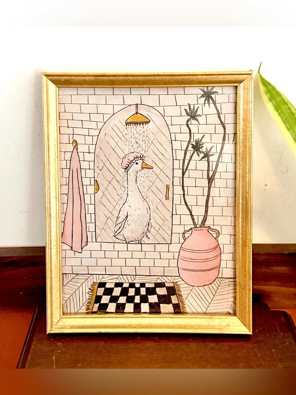 Whimsical Goose in the Shower Quirky Bathroom Canvas Art Print Gold Framed Art